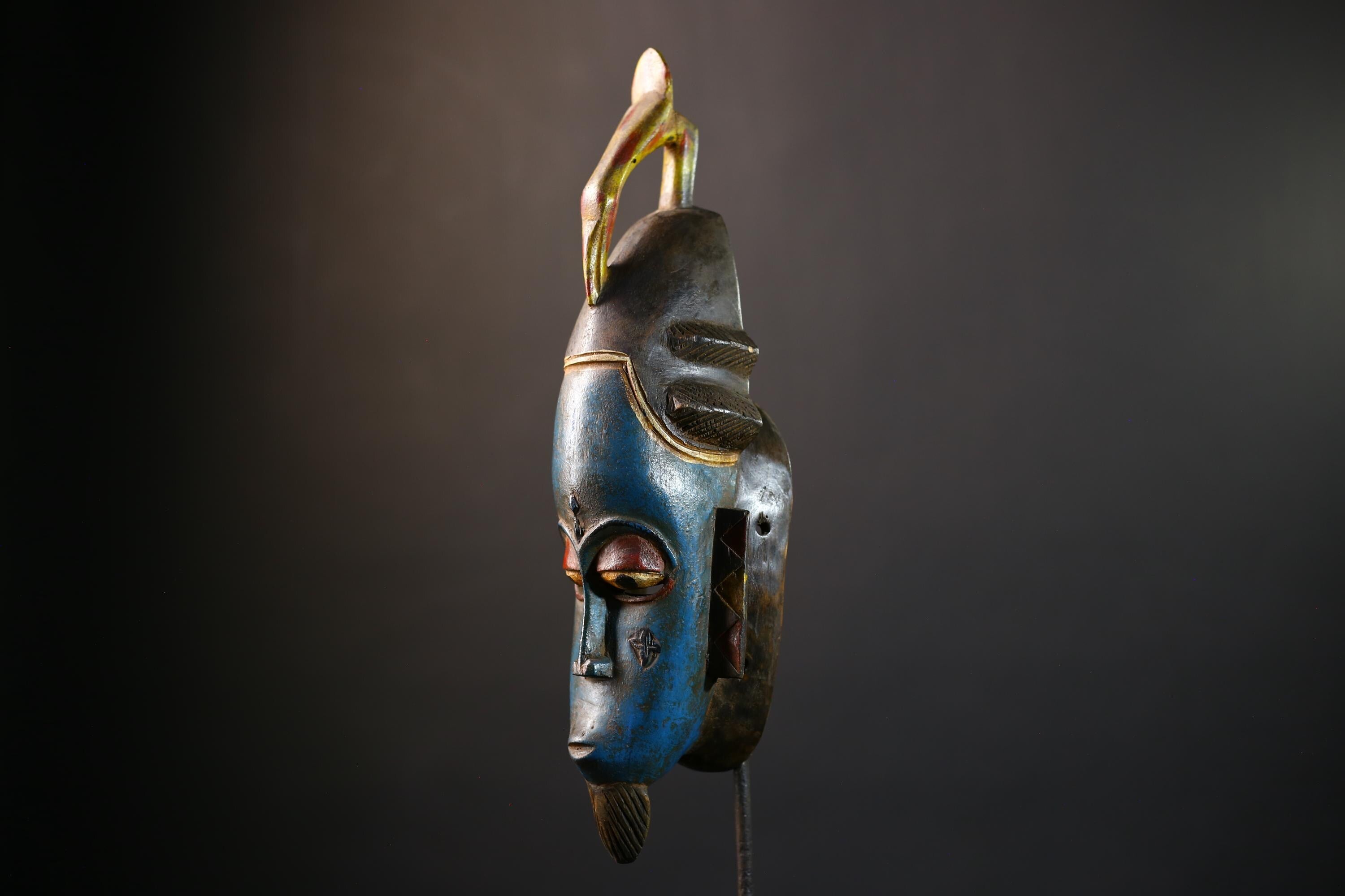 African Blue Vintage Hand Carved Wooden Mask | Baule Tribal Wall Art | Unique Decor | Ethnic Home Accent-G5202