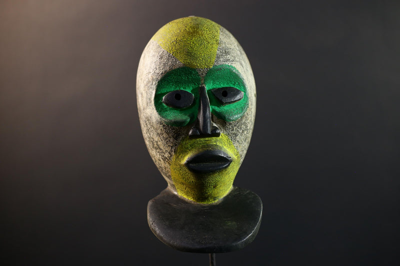 African Pende Helmet Mask, Congo Tribal Dance Art, Hand Carved Wood Sculpture, Split Face Green Yellow Decor-G5335