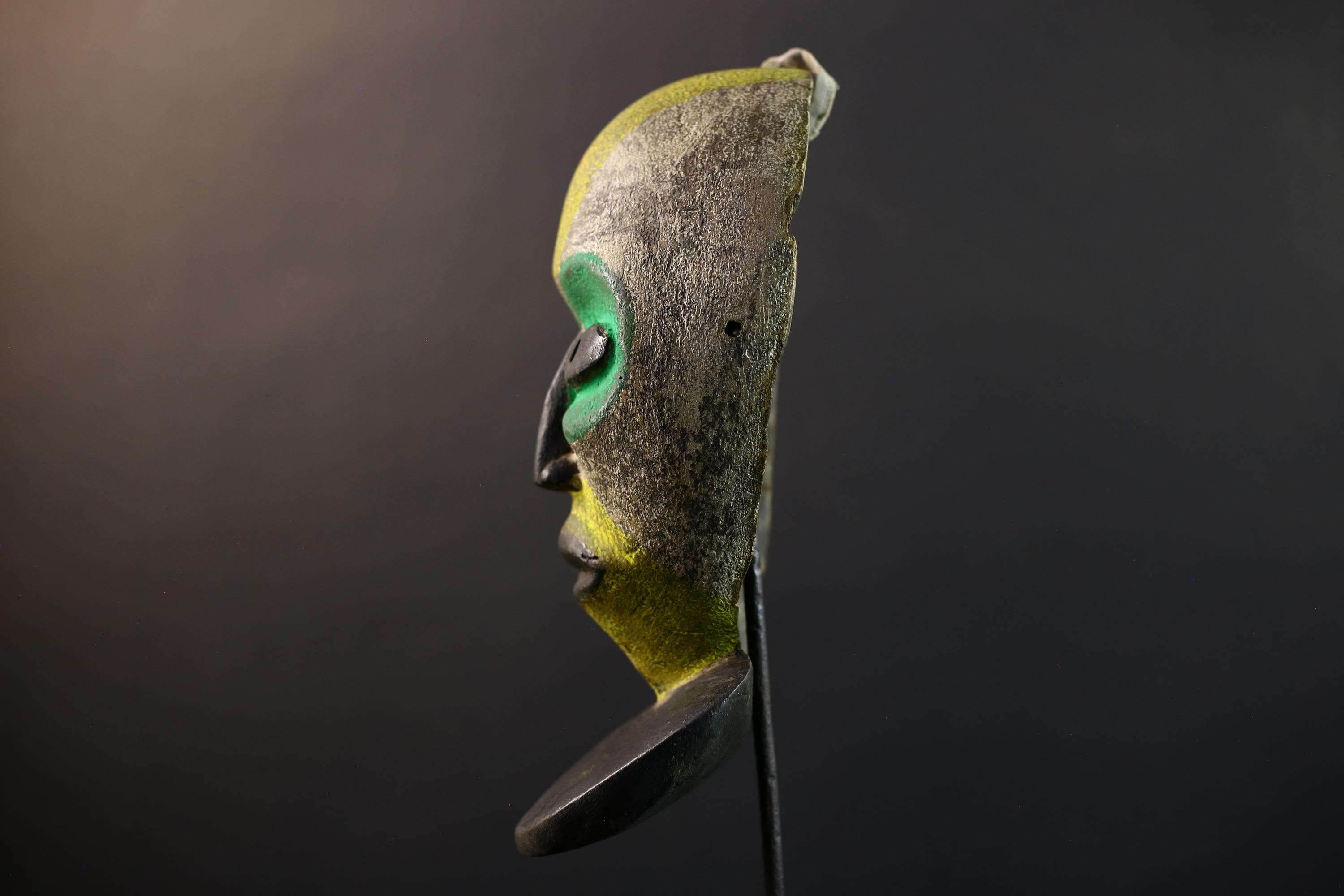 African Pende Helmet Mask, Congo Tribal Dance Art, Hand Carved Wood Sculpture, Split Face Green Yellow Decor-G5335