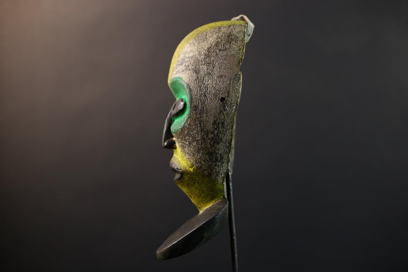 African Pende Helmet Mask, Congo Tribal Dance Art, Hand Carved Wood Sculpture, Split Face Green Yellow Decor-G5335