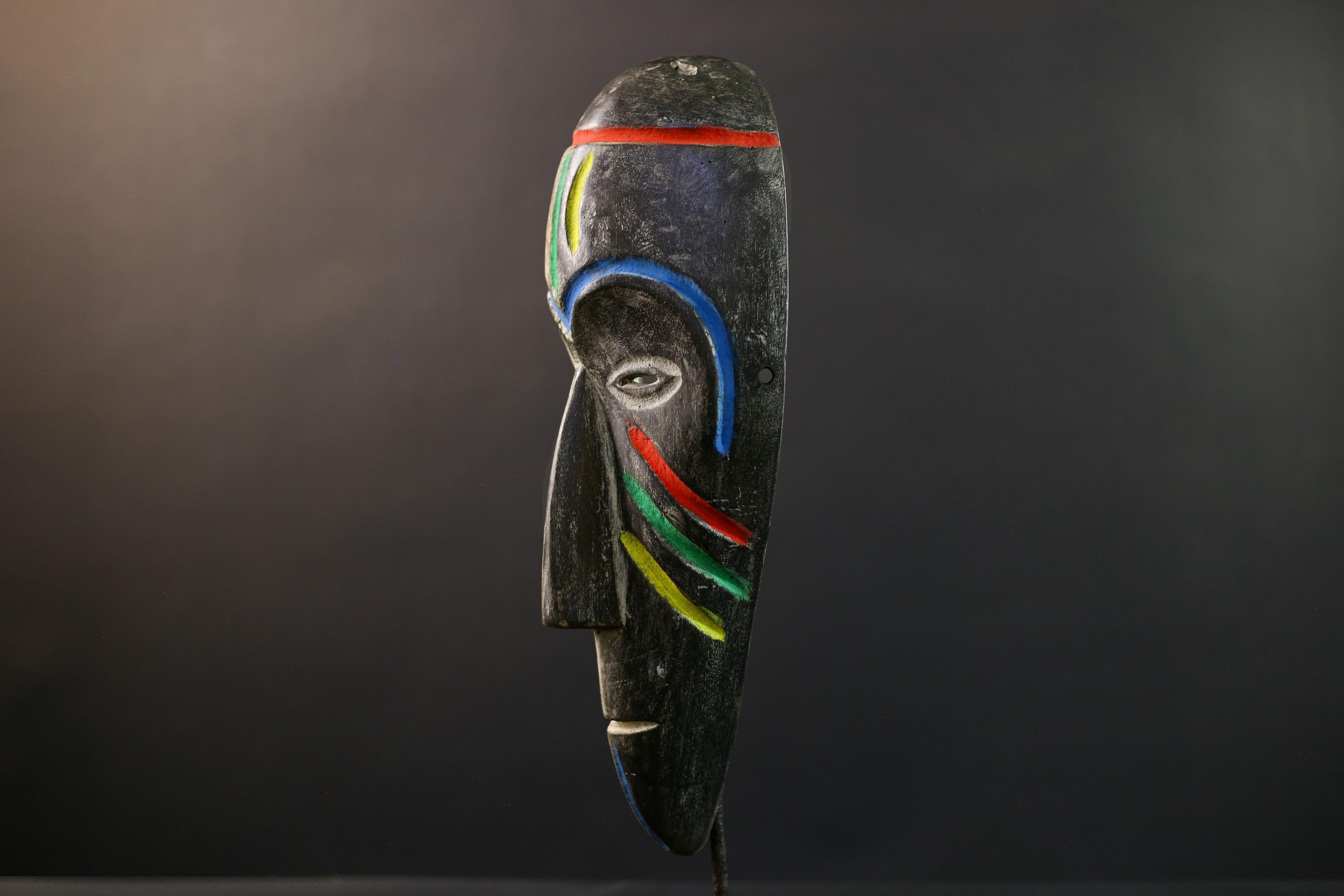 African Fang Ngil Mask, Gabon Tribal Wall Art, Hand Carved Wood Sculpture, Kaolin Patina Decor, Colorful Scarification Mask-G5333