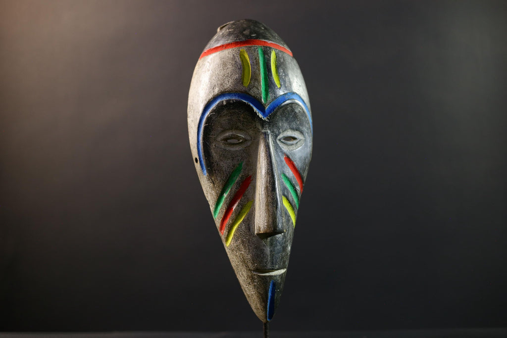 African Fang Ngil Mask, Gabon Tribal Wall Art, Hand Carved Wood Sculpture, Kaolin Patina Decor, Colorful Scarification Mask-G5333