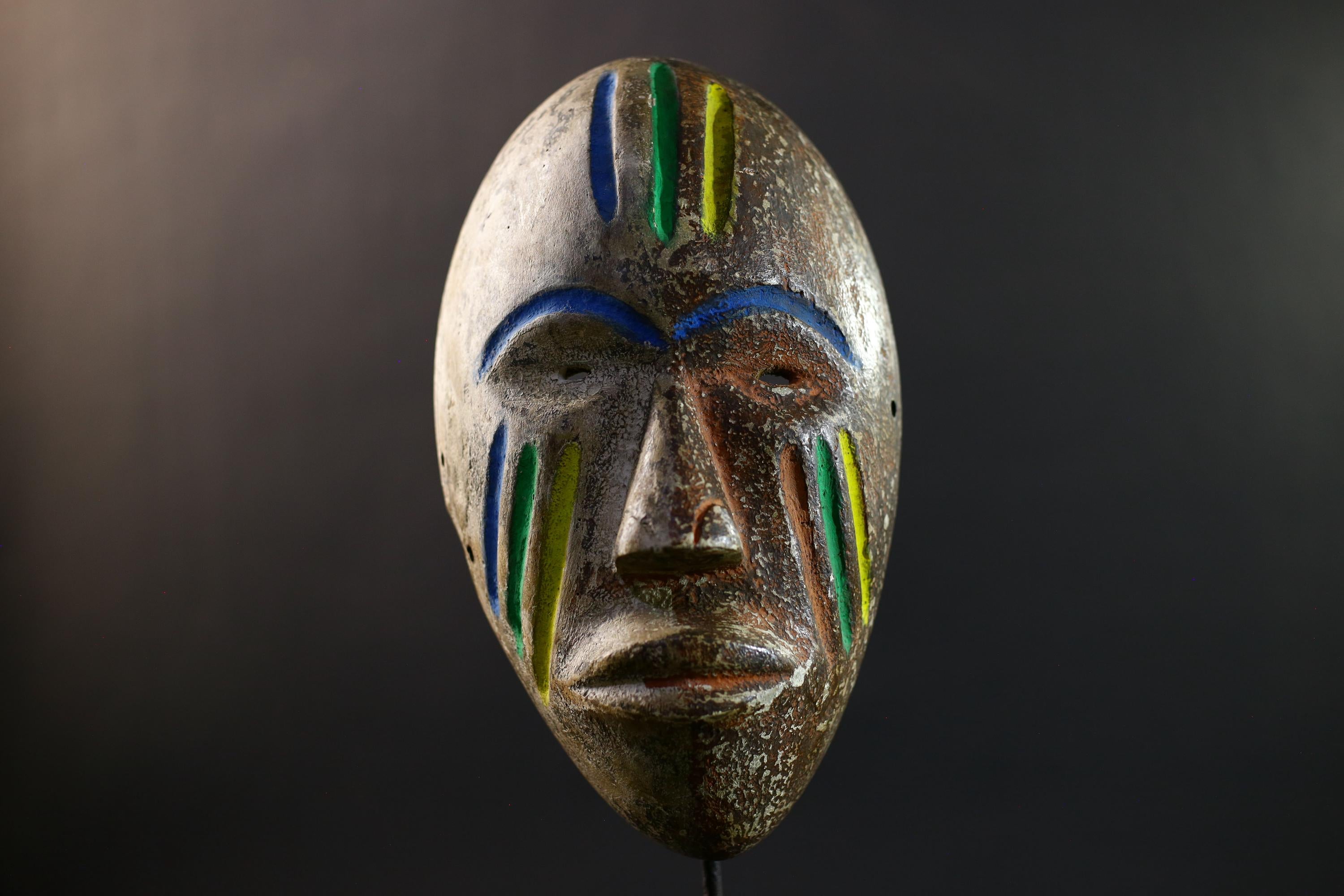 African Fang Ngil Mask, Gabon Tribal Wall Art, Hand-Carved Kaolin Wood Sculpture, Colorful Scarification Decor Mask-G5330