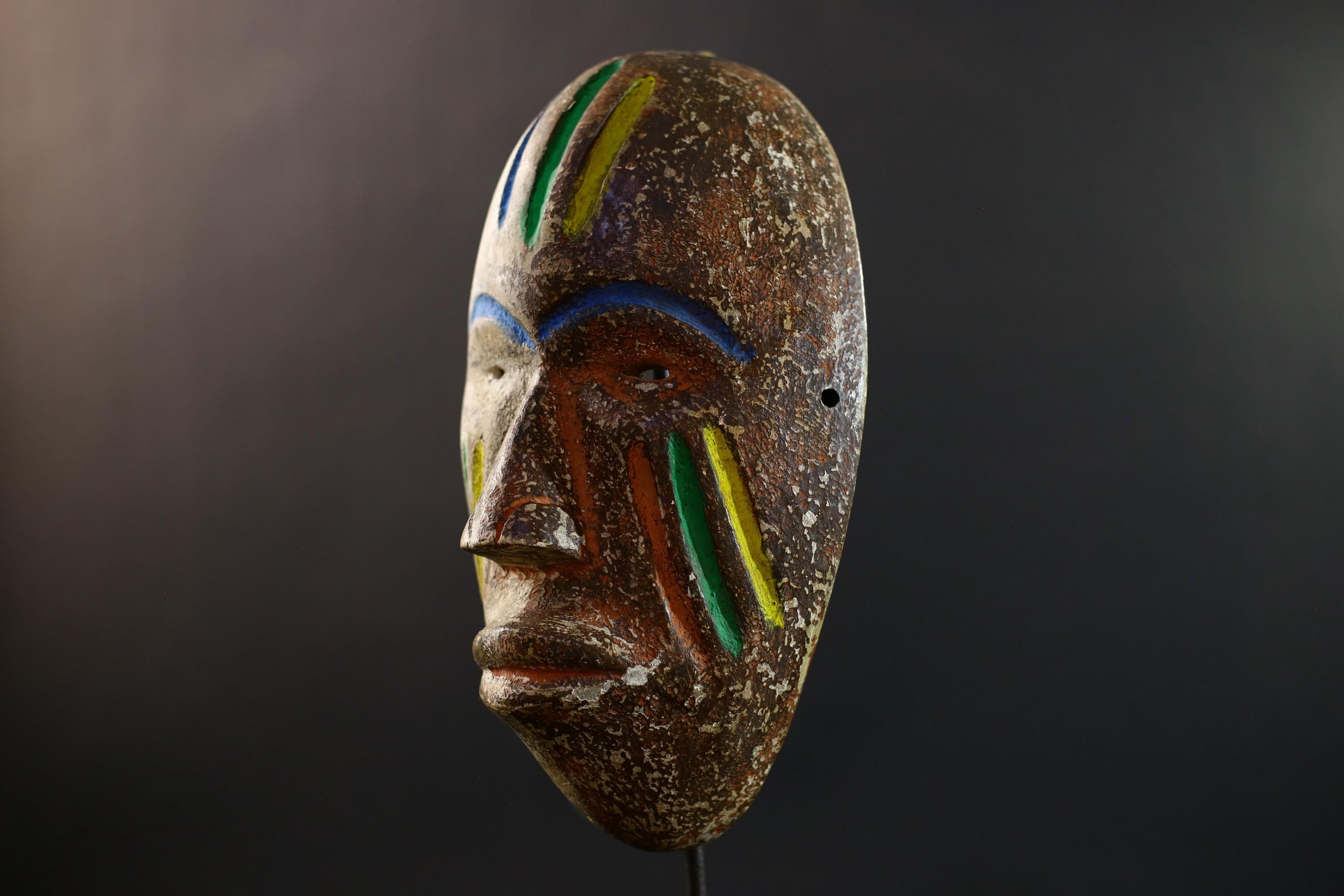 African Fang Ngil Mask, Gabon Tribal Wall Art, Hand-Carved Kaolin Wood Sculpture, Colorful Scarification Decor Mask-G5330