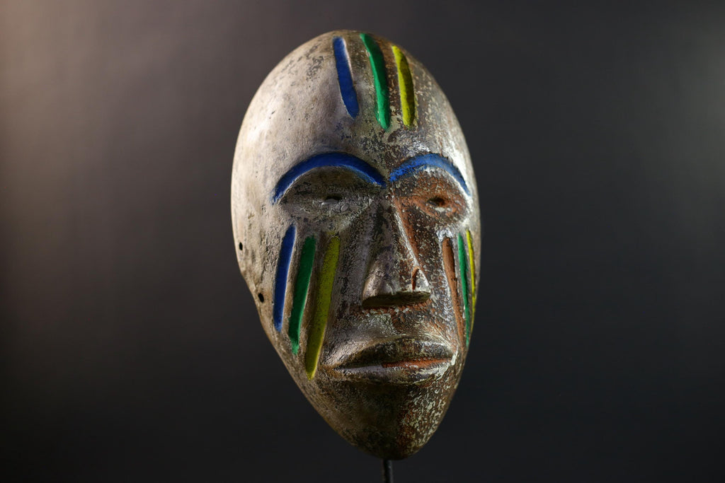 African Fang Ngil Mask, Gabon Tribal Wall Art, Hand-Carved Kaolin Wood Sculpture, Colorful Scarification Decor Mask-G5330