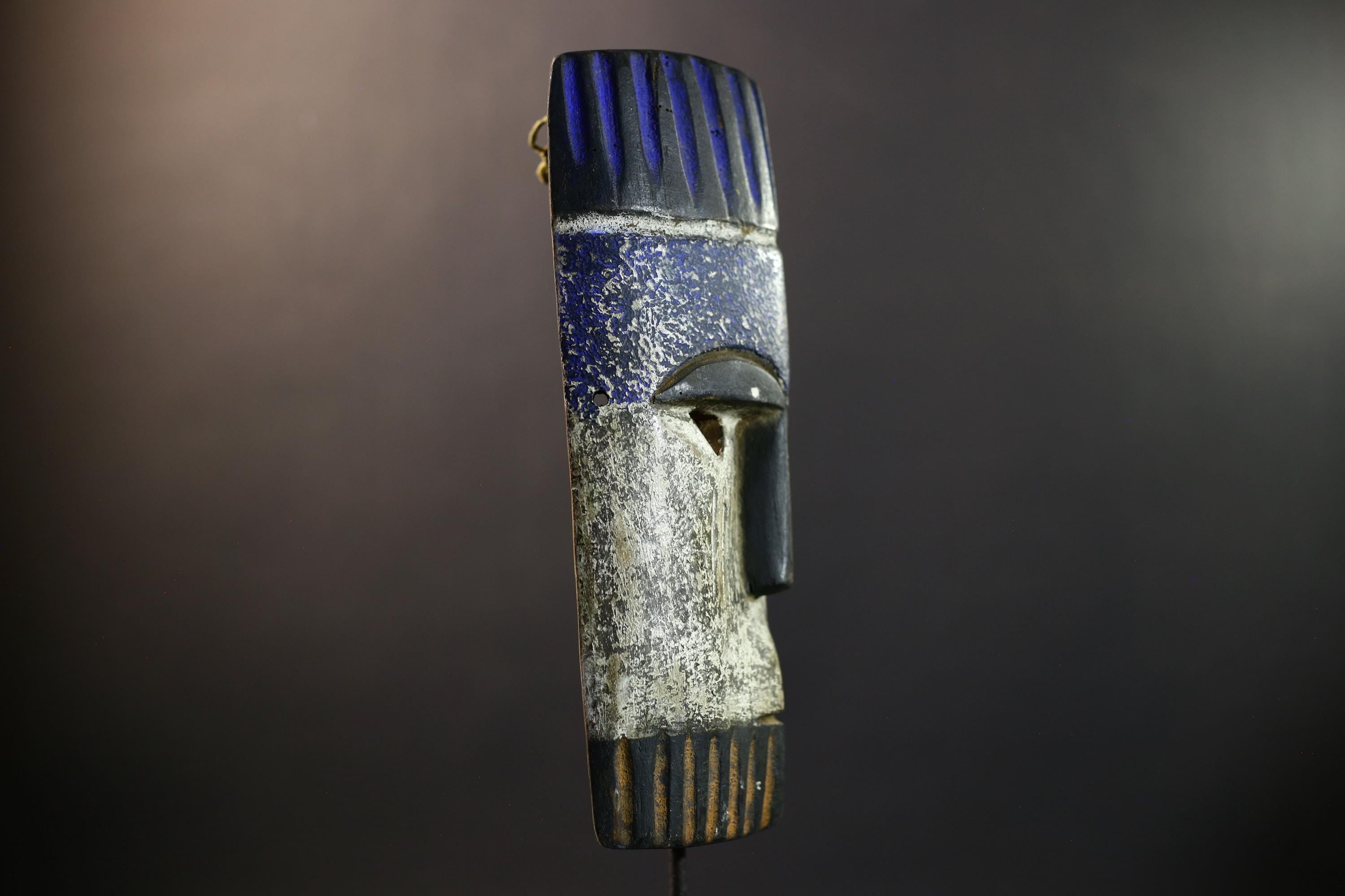 African Pende Helmet Mask, Congo Tribal Wall Art, Indigo Crown Kaolin Sculpture, Hand-Carved Wood Decor, Initiation Dance Totem-G5328