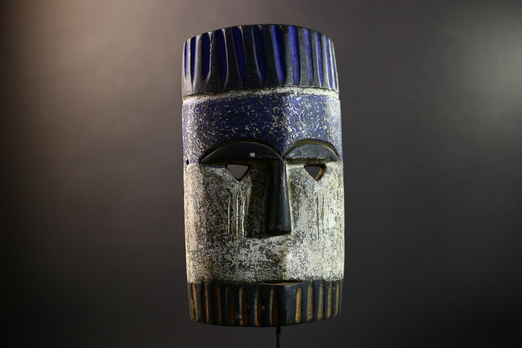 African Pende Helmet Mask, Congo Tribal Wall Art, Indigo Crown Kaolin Sculpture, Hand-Carved Wood Decor, Initiation Dance Totem-G5328