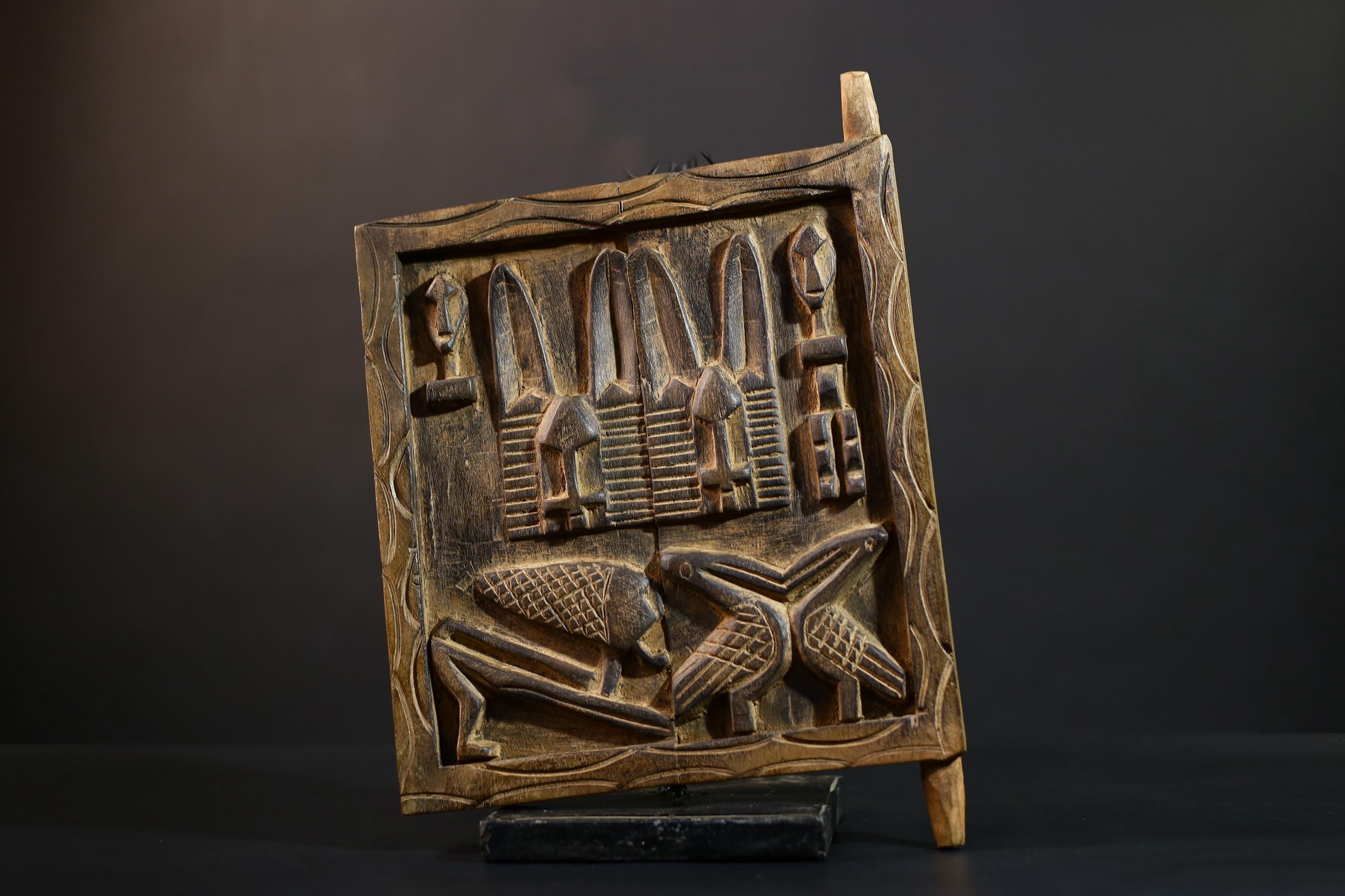 African Granary Door Vintage primitive art Carved Wood Wall Art Unique Decor - G5209