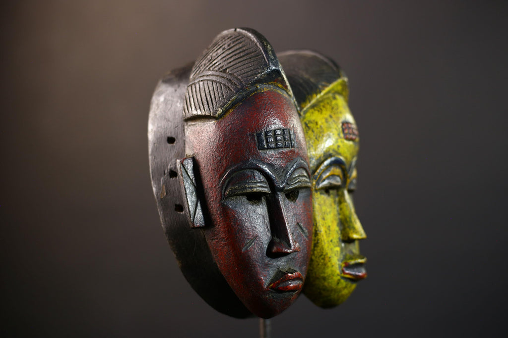 African Guro Mask | Two Faces in Yellow & Red | Handcrafted Wooden Art Decor-G5219