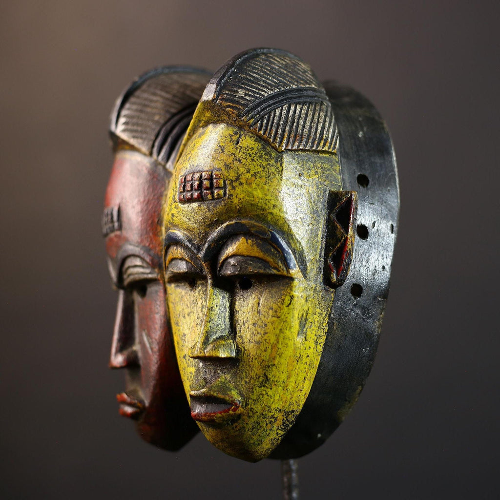 African Guro Mask | Two Faces in Yellow & Red | Handcrafted Wooden Art Decor-G5219