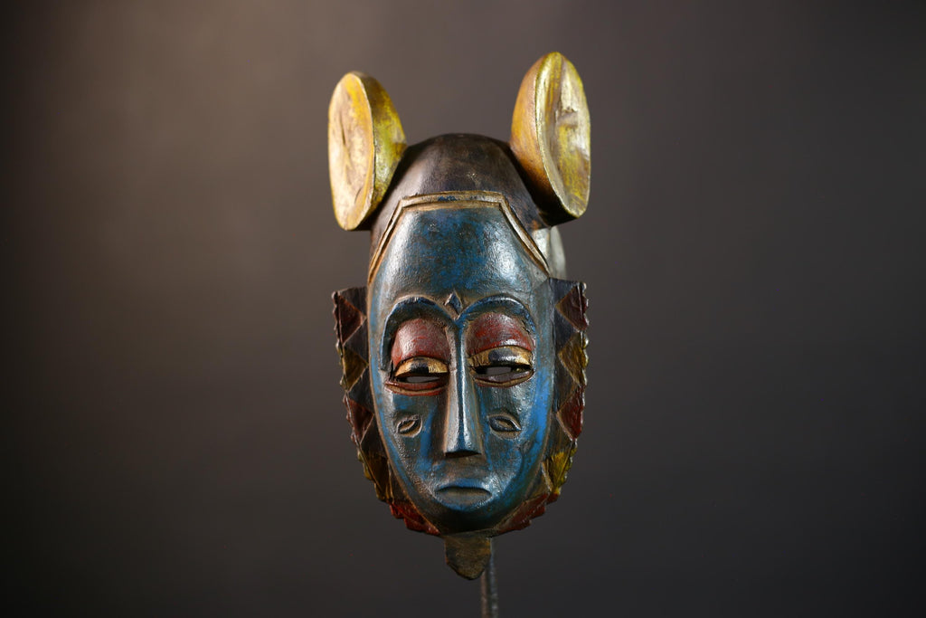 African Guro Mask | Blue Yellow Ears | Handcrafted | Wooden Art | Cultural Decor | Unique Wall Accent-G5217
