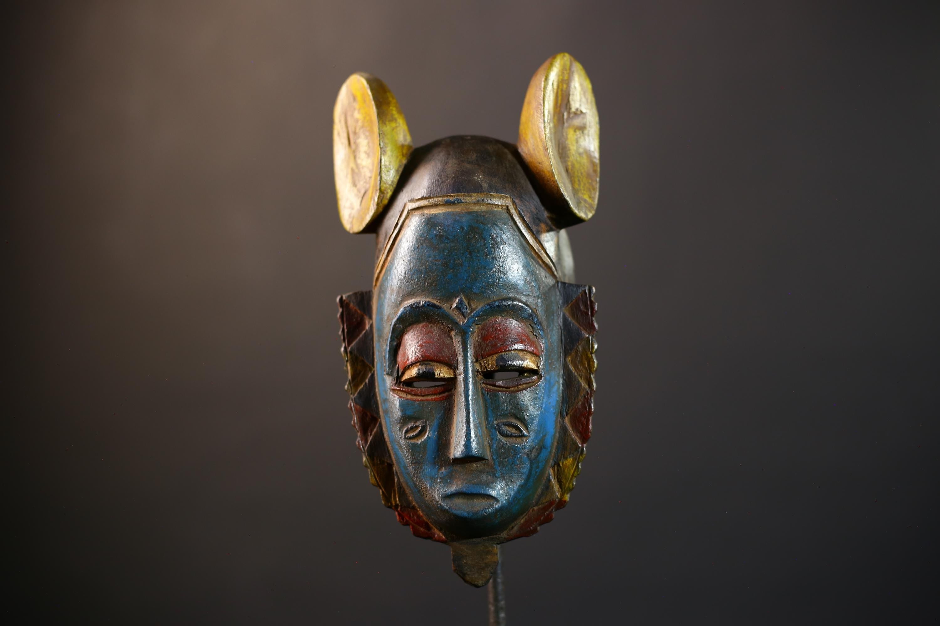 African Guro Mask | Blue Yellow Ears | Handcrafted | Wooden Art | Cultural Decor | Unique Wall Accent-G5217