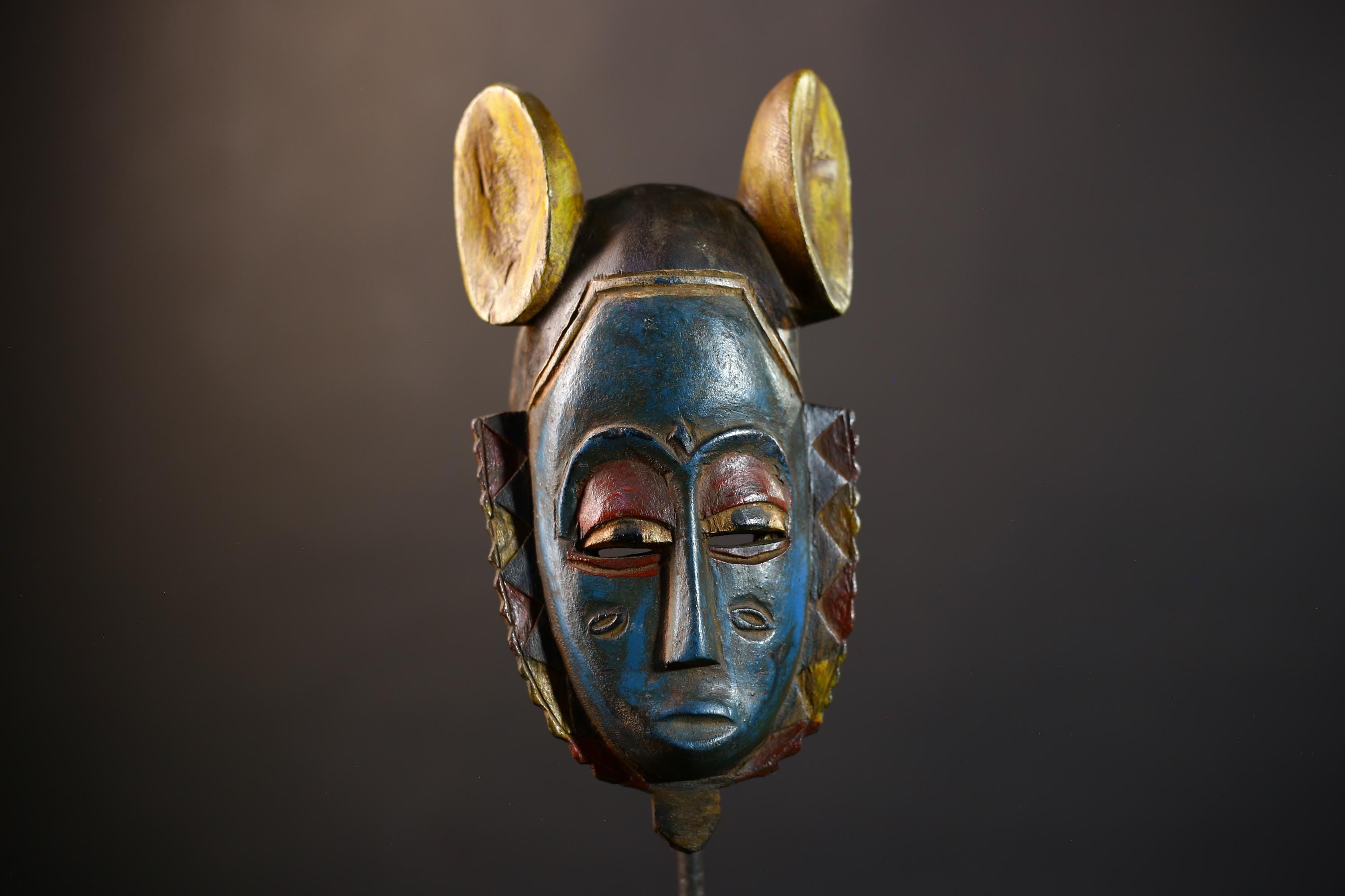 African Guro Mask | Blue Yellow Ears | Handcrafted | Wooden Art | Cultural Decor | Unique Wall Accent-G5217
