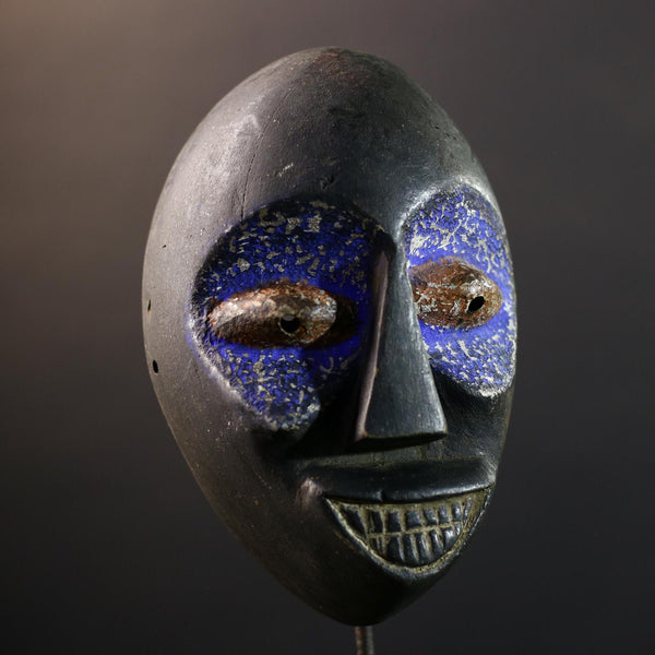 Africa Dan Mask, Tribal Wood Wall Decor, Hand-Carved Vintage Ethnic Art, Rustic Blue Accent Folk Sculpture, Cultural Home Wall Hanging-G5341