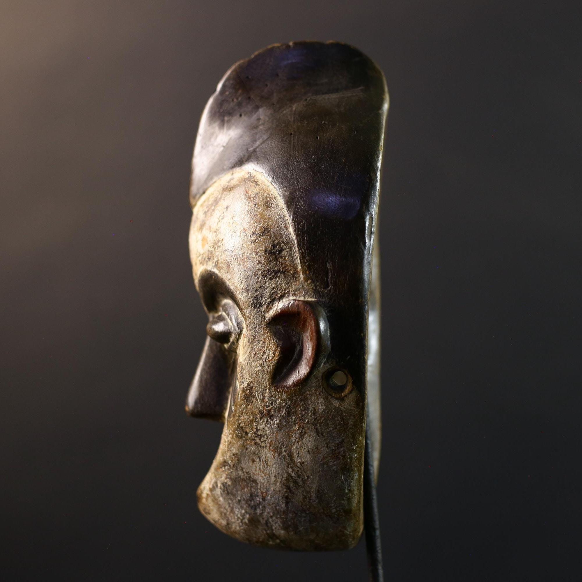 Africa Punu Mask, Tribal Wood Wall Decor, Hand-Carved Vintage Ethnic Art, Gabon Rustic Folk Sculpture, Cultural Home Wall Hanging Mask-G5342