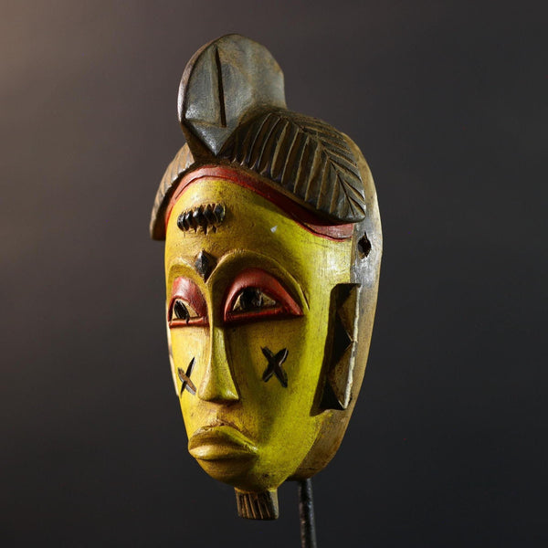 African Yohure Mask, Tribal Painted Wood Wall Decor, Hand-Carved Vintage Ethnic Art, Rustic Ivory Coast Sculpture, Cultural Folk Art-G5343