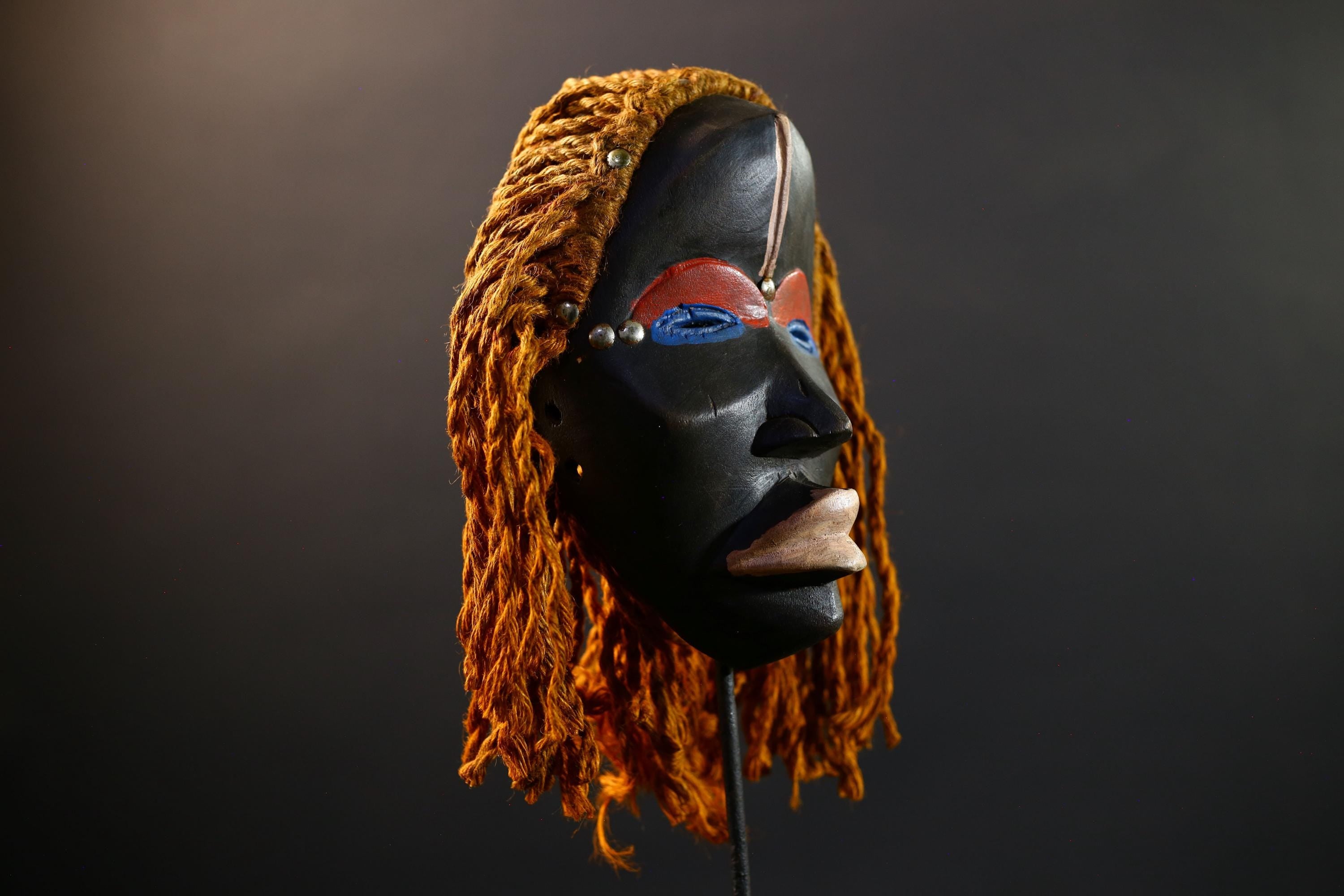 African Dan Mask, Tribal Wood Wall Decor with Hair, Hand-Carved Liberia Ethnic Art, Vintage Rustic Folk Sculpture, Cultural Wall Art-G5344
