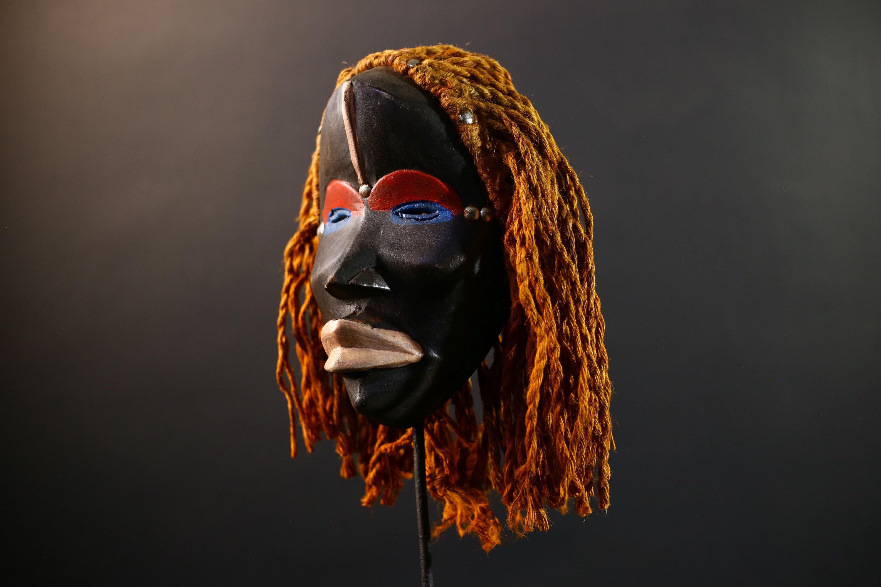 African Dan Mask, Tribal Wood Wall Decor with Hair, Hand-Carved Liberia Ethnic Art, Vintage Rustic Folk Sculpture, Cultural Wall Art-G5344
