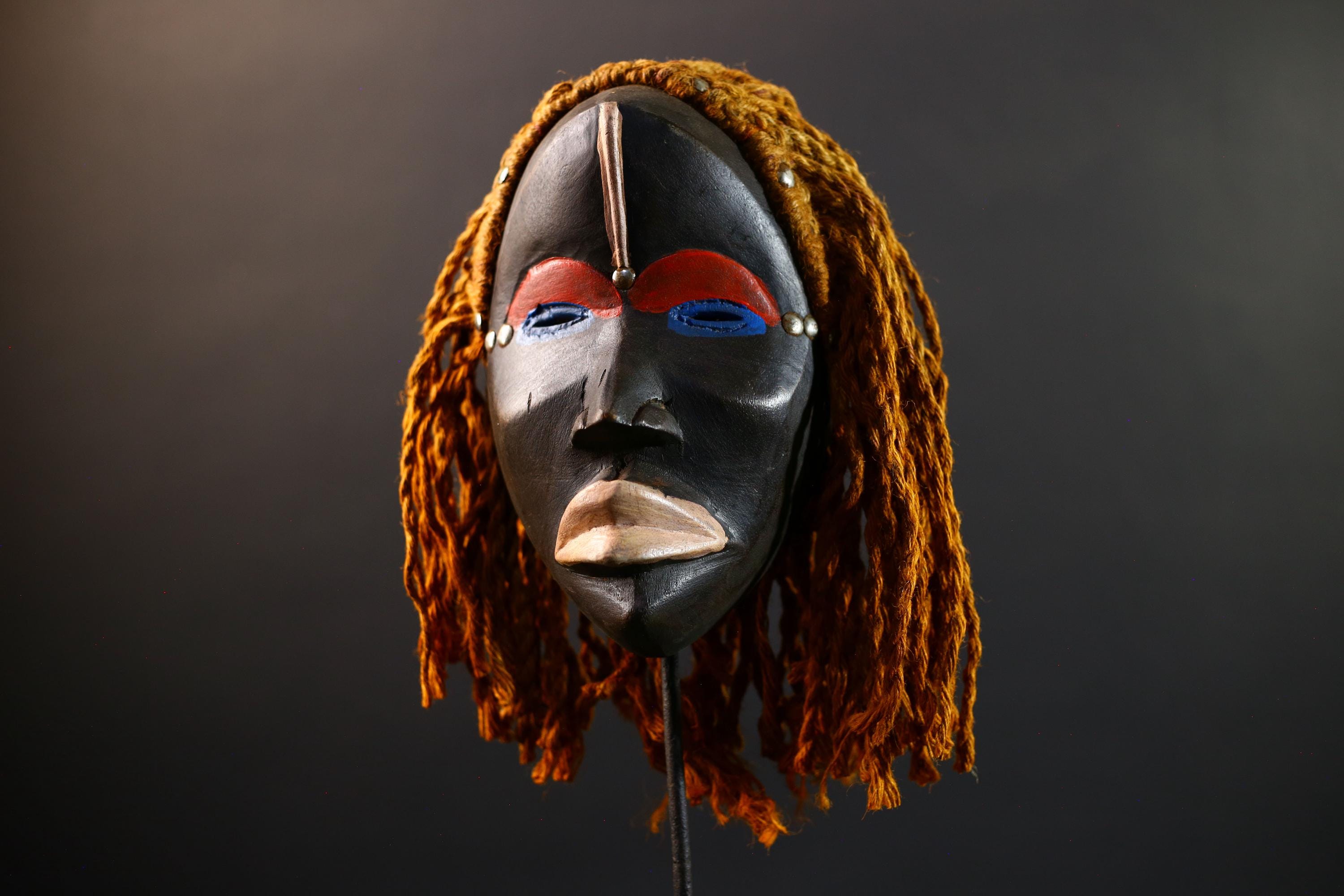 African Dan Mask, Tribal Wood Wall Decor with Hair, Hand-Carved Liberia Ethnic Art, Vintage Rustic Folk Sculpture, Cultural Wall Art-G5344