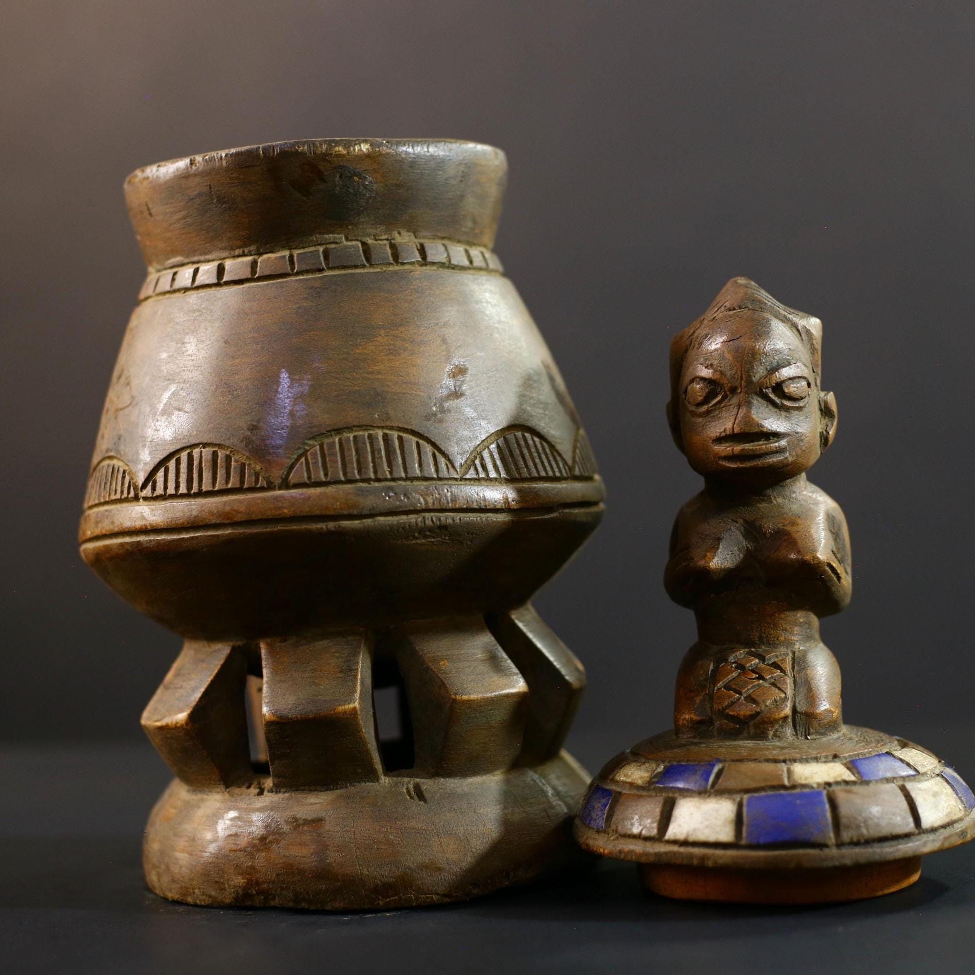 Africa Yoruba ritual vessel, carved ceremonial jar with figure, tribal wooden altar pot, vintage ethnic sculpture,boho spiritual decor-G5355