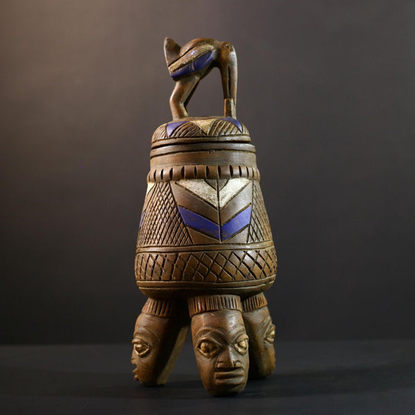 African Yoruba ritual vessel, wood altar jar with bird and heads, tribal ceremonial container, carved ethnic sculpture, vintage decor-G5354