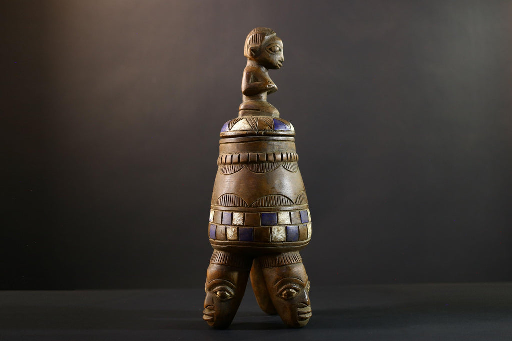 Africa Yoruba ceremonial vessel, carved altar jar with figure and heads, tribal ritual container, vintage ethnic wood shrine sculpture-G5353