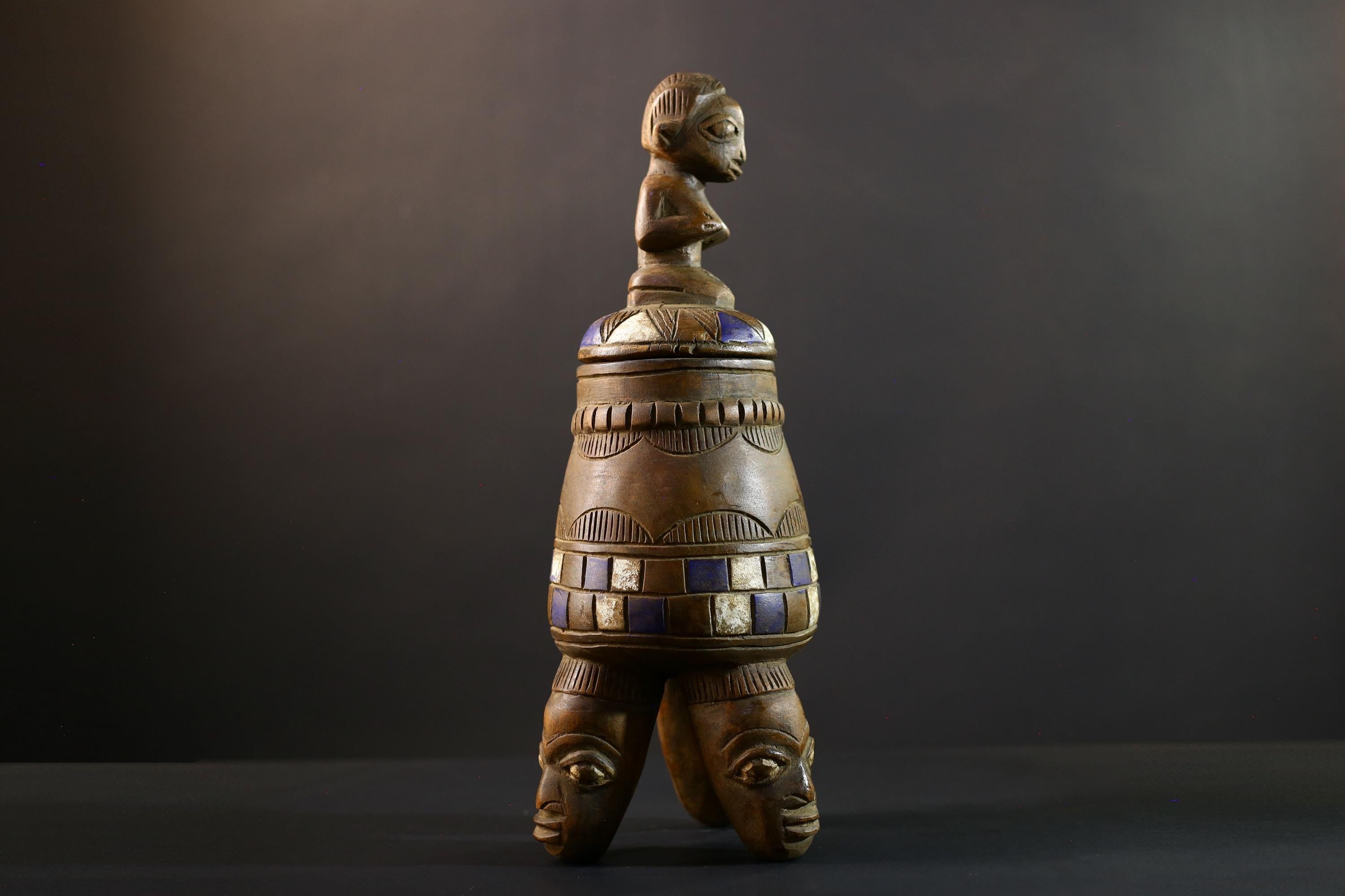 Africa Yoruba ceremonial vessel, carved altar jar with figure and heads, tribal ritual container, vintage ethnic wood shrine sculpture-G5353