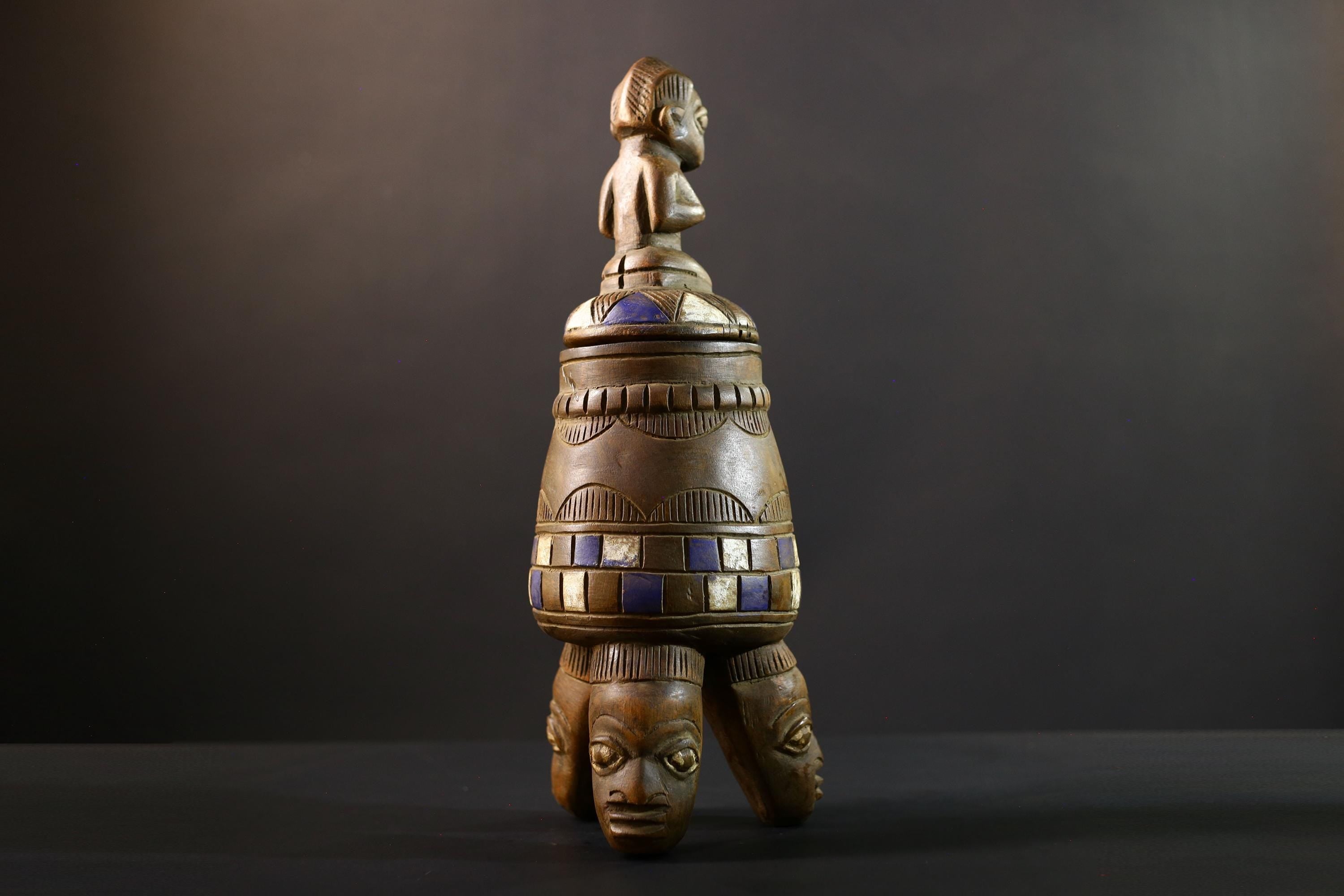 Africa Yoruba ceremonial vessel, carved altar jar with figure and heads, tribal ritual container, vintage ethnic wood shrine sculpture-G5353
