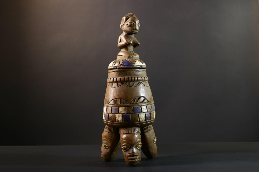 Africa Yoruba ceremonial vessel, carved altar jar with figure and heads, tribal ritual container, vintage ethnic wood shrine sculpture-G5353