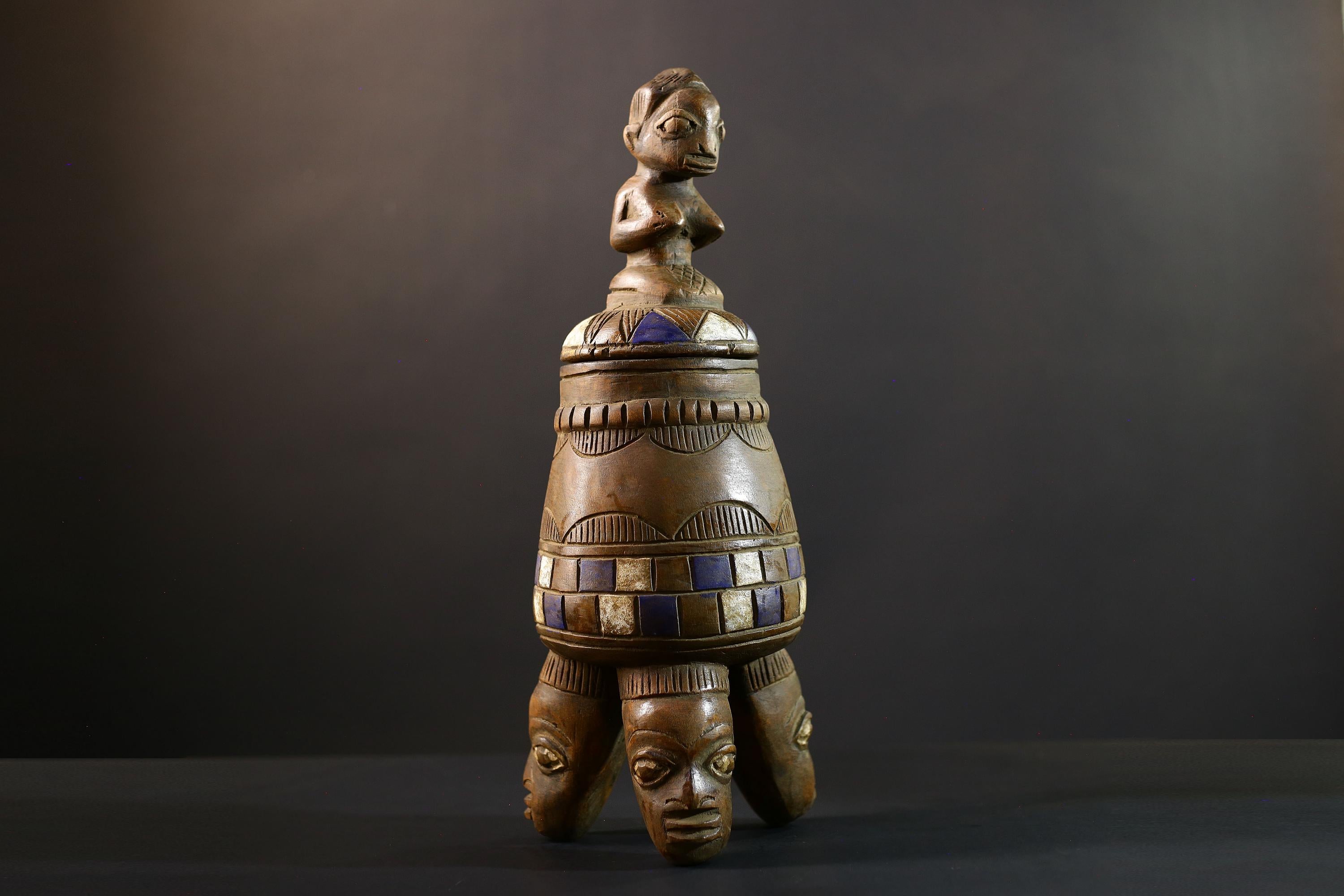 Africa Yoruba ceremonial vessel, carved altar jar with figure and heads, tribal ritual container, vintage ethnic wood shrine sculpture-G5353