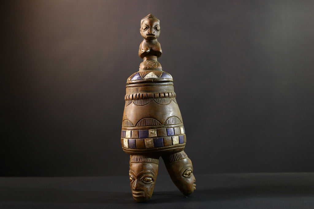 Africa Yoruba ceremonial vessel, carved altar jar with figure and heads, tribal ritual container, vintage ethnic wood shrine sculpture-G5353