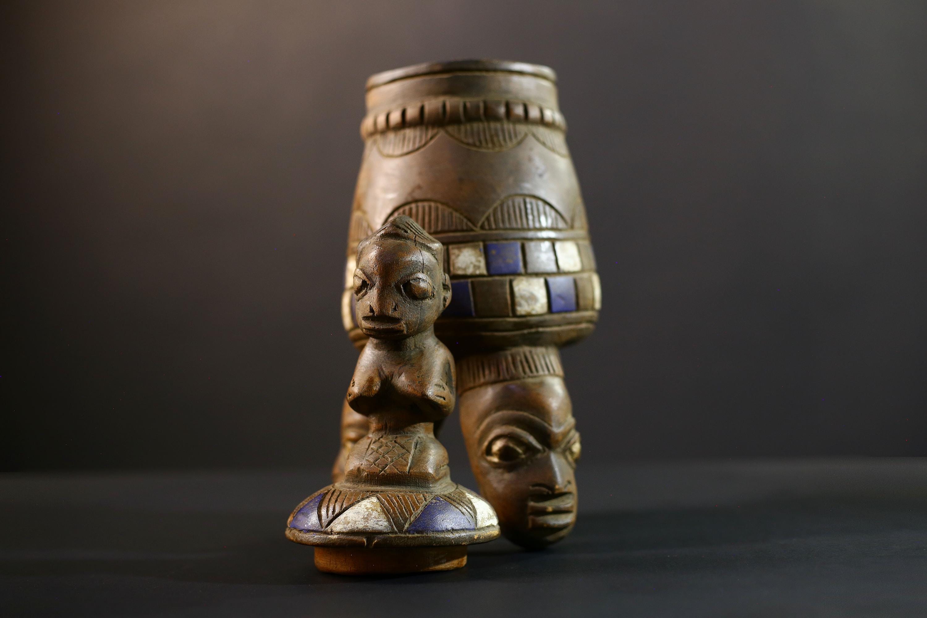 Africa Yoruba ceremonial vessel, carved altar jar with figure and heads, tribal ritual container, vintage ethnic wood shrine sculpture-G5353