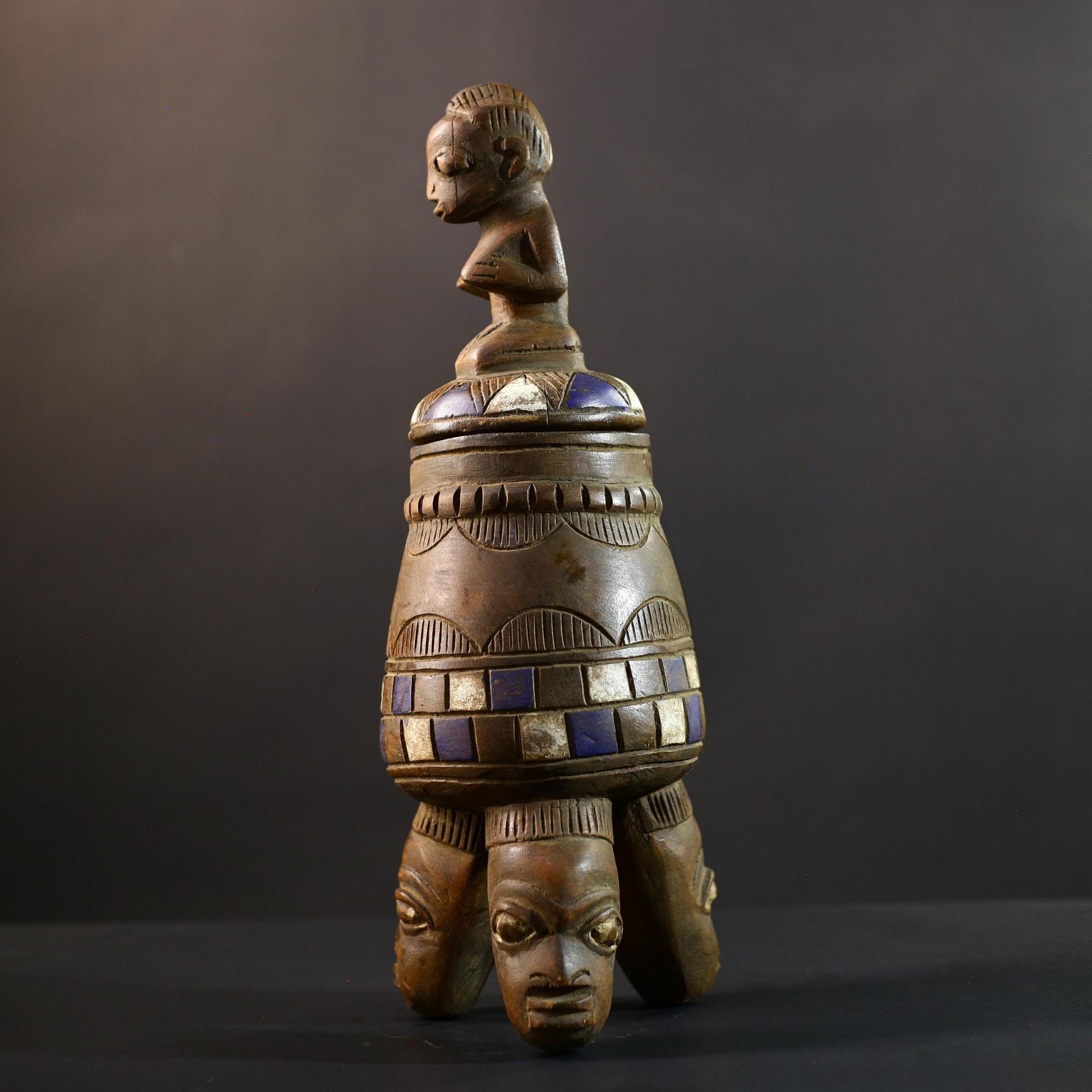 Africa Yoruba ceremonial vessel, carved altar jar with figure and heads, tribal ritual container, vintage ethnic wood shrine sculpture-G5353