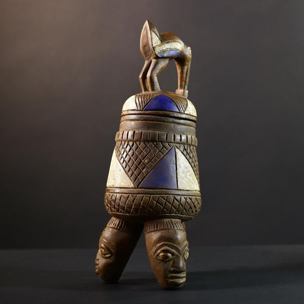 African Yoruba ritual vessel, wood altar jar with bird and heads, tribal ceremonial container, carved ethnic sculpture, vintage decor-G5352