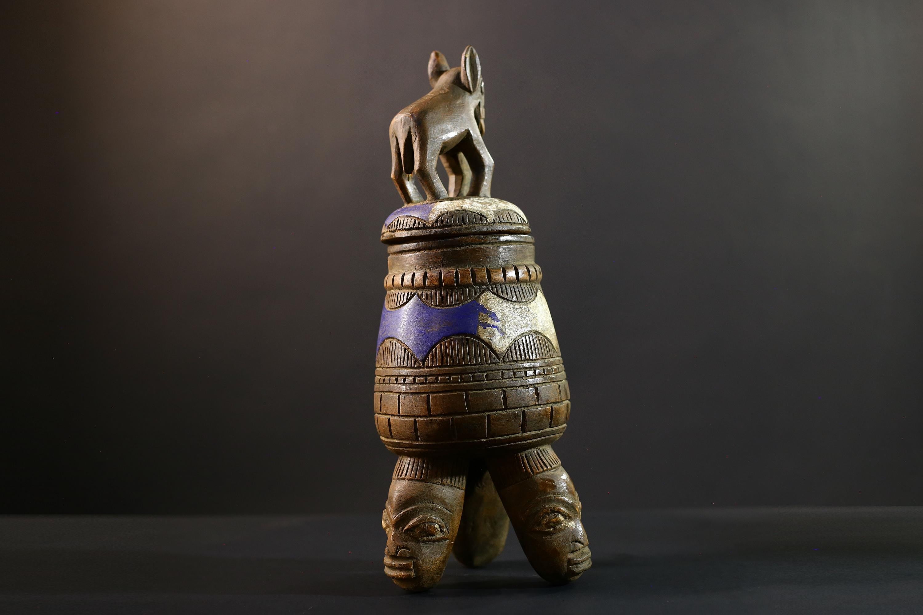 Africa Yoruba ceremonial vessel, carved altar jar with figure and heads, tribal ritual container, vintage ethnic wood shrine sculpture-G5351