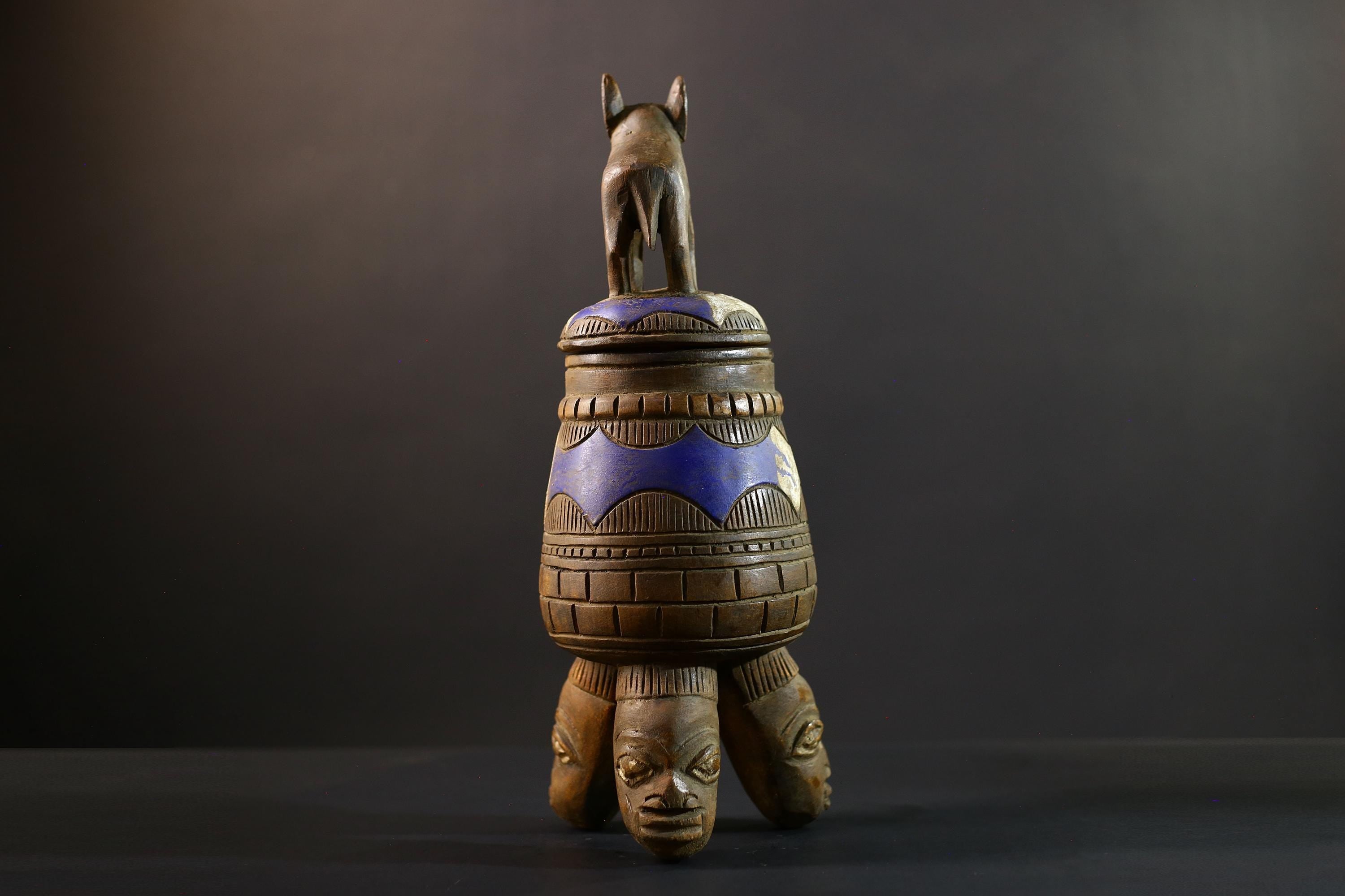 Africa Yoruba ceremonial vessel, carved altar jar with figure and heads, tribal ritual container, vintage ethnic wood shrine sculpture-G5351