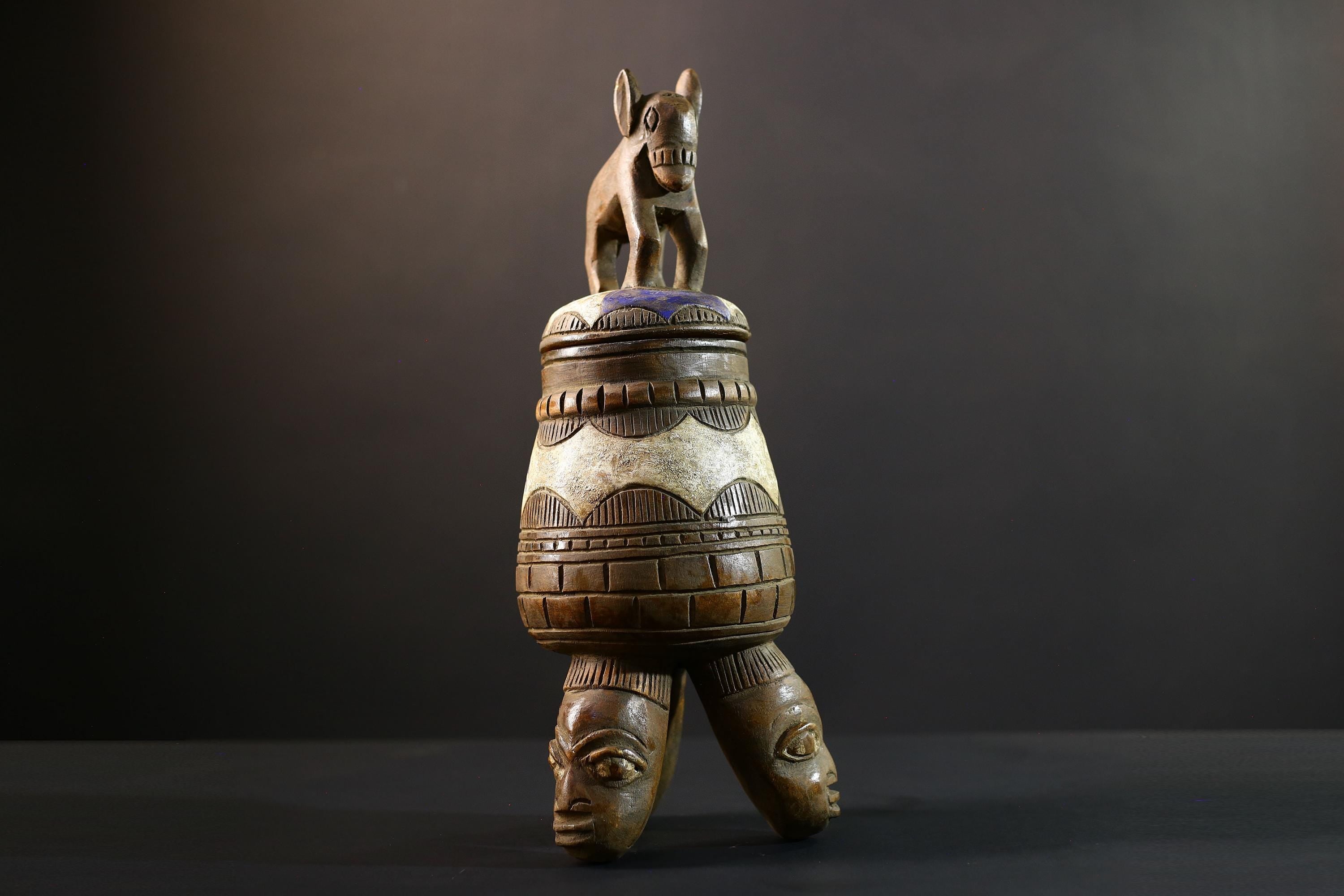 Africa Yoruba ceremonial vessel, carved altar jar with figure and heads, tribal ritual container, vintage ethnic wood shrine sculpture-G5351