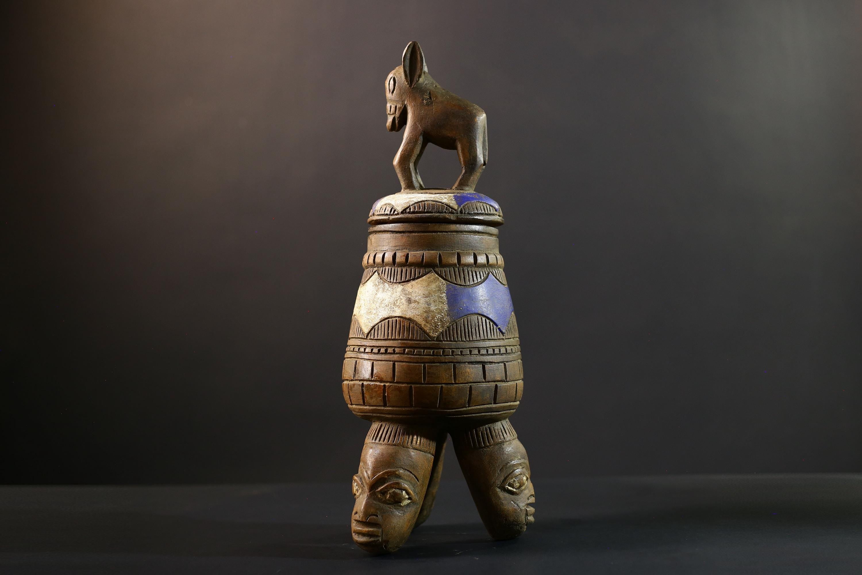 Africa Yoruba ceremonial vessel, carved altar jar with figure and heads, tribal ritual container, vintage ethnic wood shrine sculpture-G5351