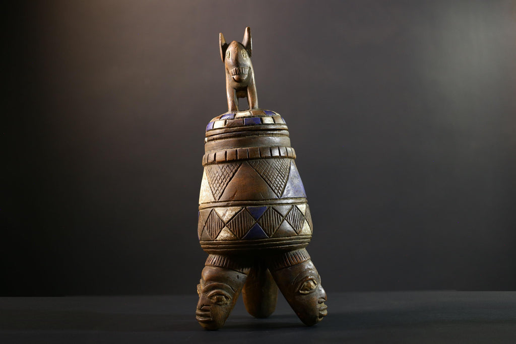 Africa Yoruba ceremonial vessel, carved altar jar with figure and heads, tribal ritual container, vintage ethnic wood shrine sculpture-G5347
