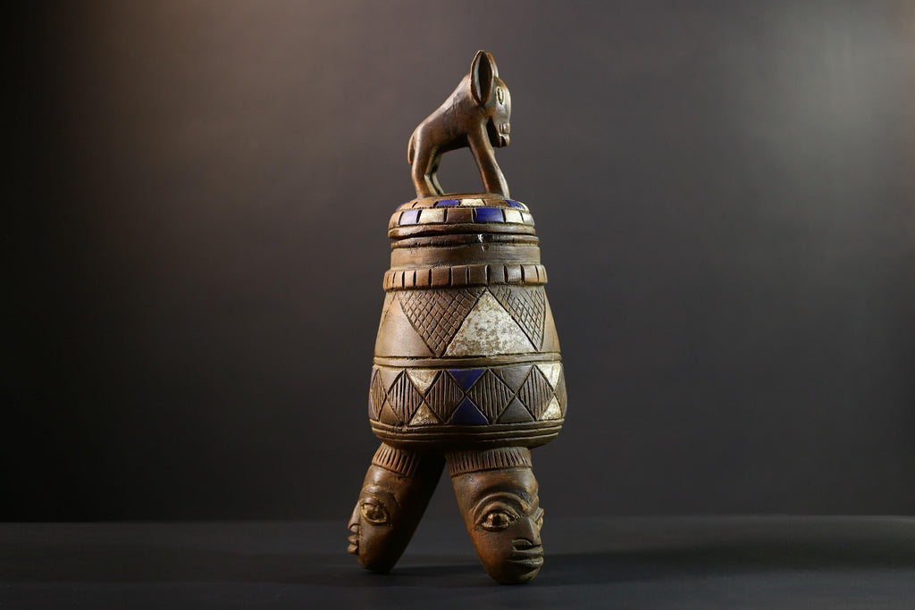 Africa Yoruba ceremonial vessel, carved altar jar with figure and heads, tribal ritual container, vintage ethnic wood shrine sculpture-G5347