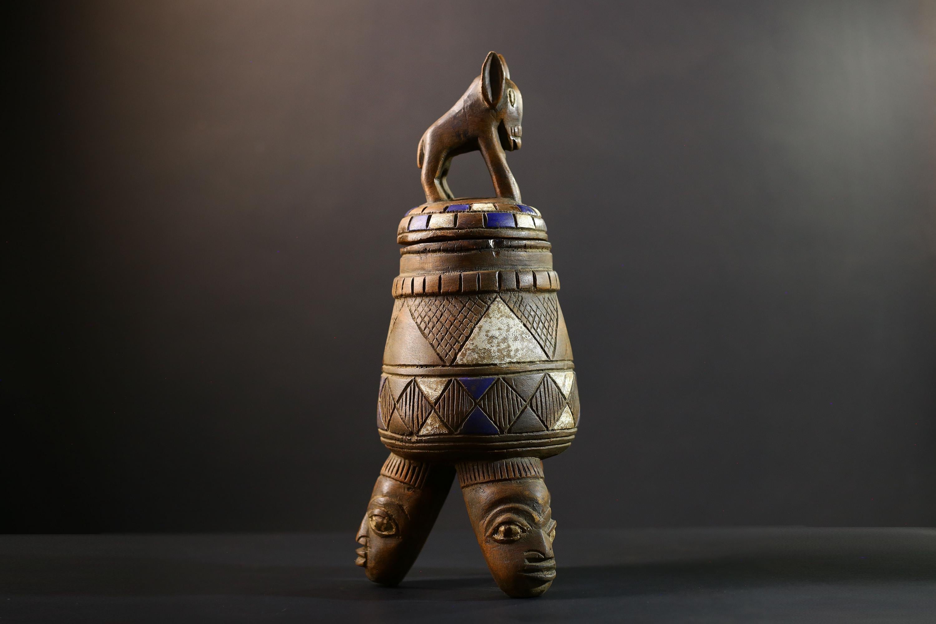 Africa Yoruba ceremonial vessel, carved altar jar with figure and heads, tribal ritual container, vintage ethnic wood shrine sculpture-G5347
