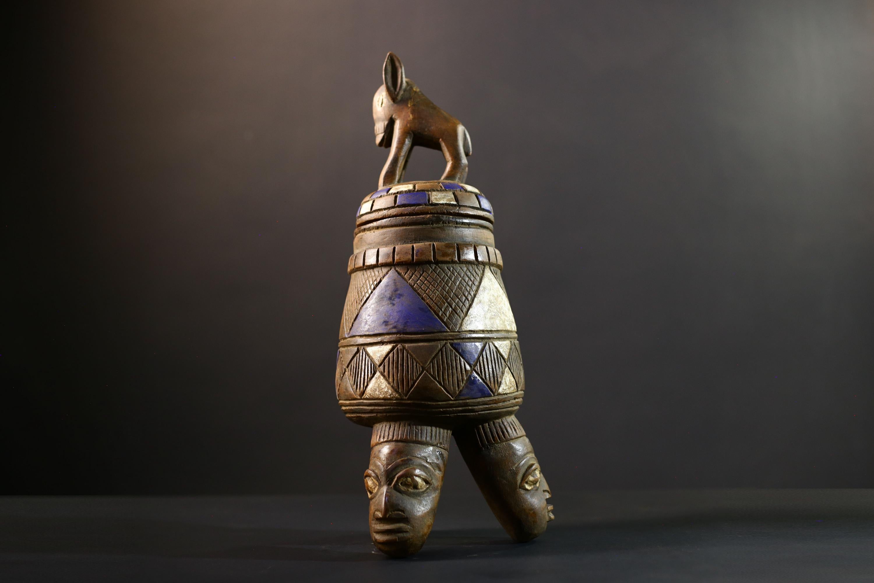 Africa Yoruba ceremonial vessel, carved altar jar with figure and heads, tribal ritual container, vintage ethnic wood shrine sculpture-G5347