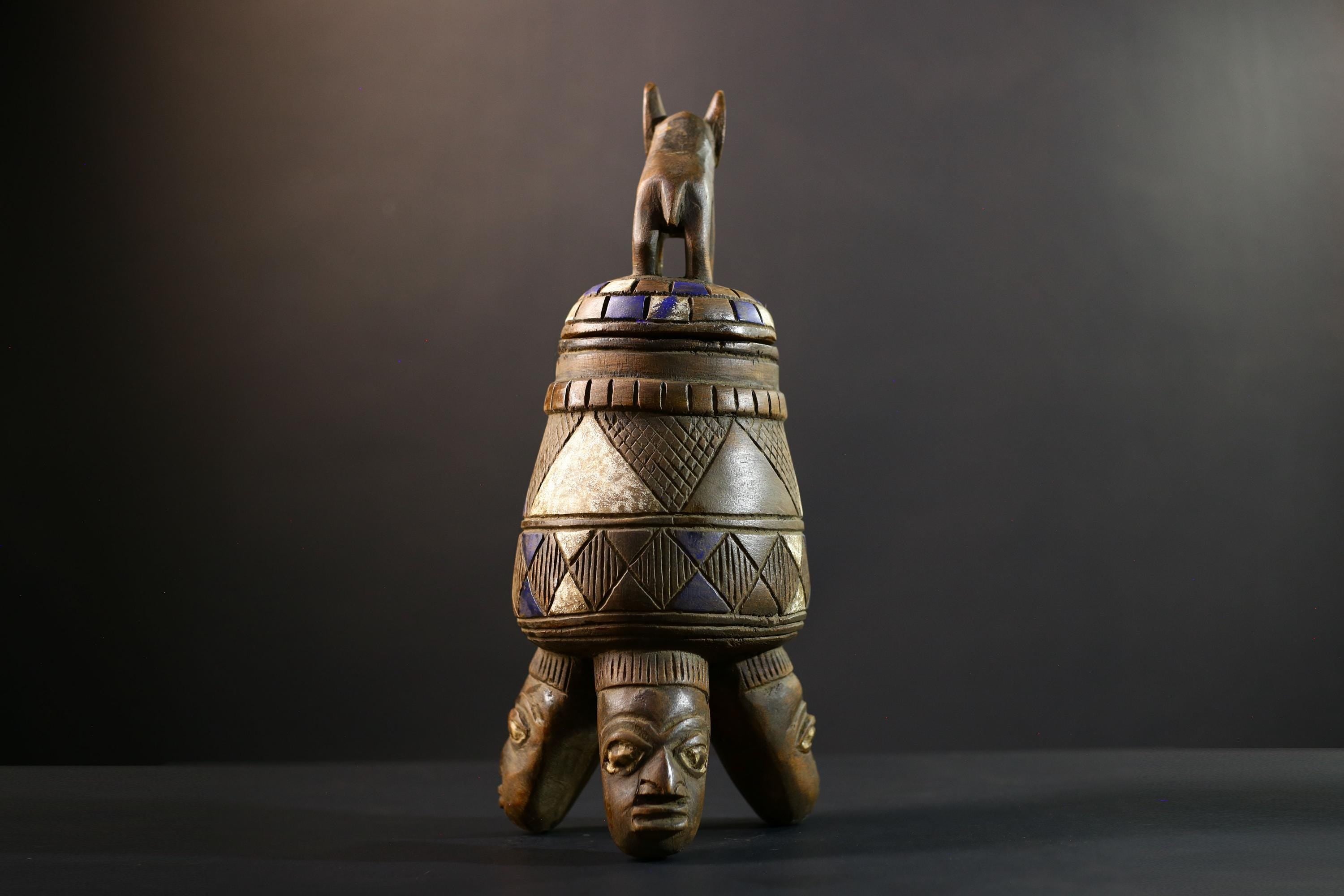 Africa Yoruba ceremonial vessel, carved altar jar with figure and heads, tribal ritual container, vintage ethnic wood shrine sculpture-G5347