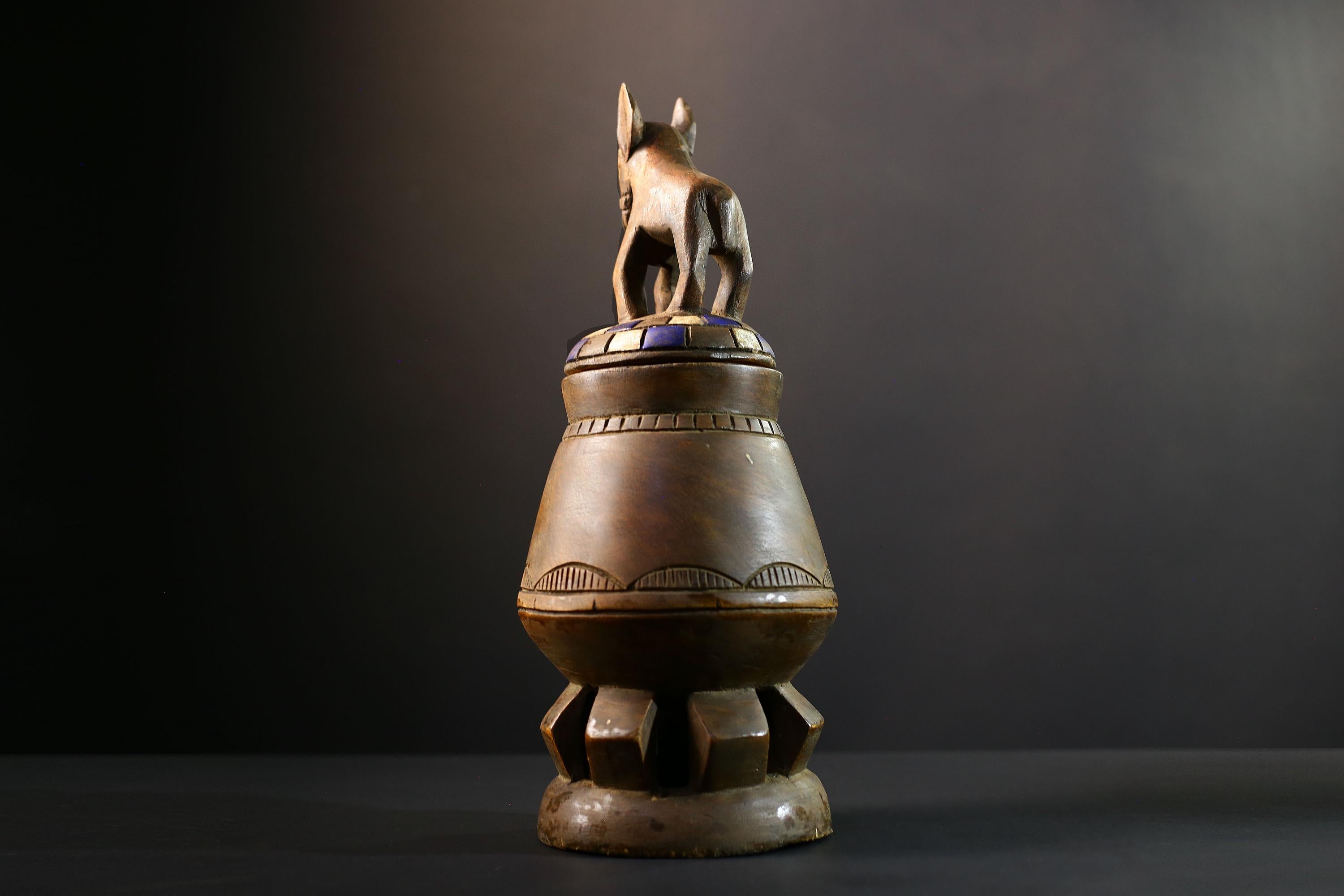 Africa Yoruba ceremonial vessel, carved altar jar with figure and heads, tribal ritual container, vintage ethnic wood shrine sculpture-G5345