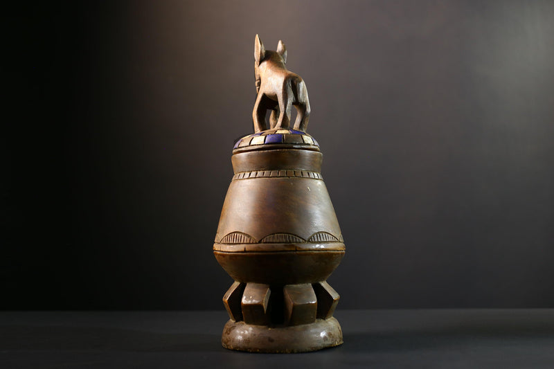 Africa Yoruba ceremonial vessel, carved altar jar with figure and heads, tribal ritual container, vintage ethnic wood shrine sculpture-G5345