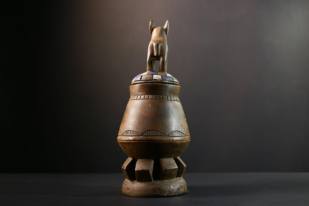 Africa Yoruba ceremonial vessel, carved altar jar with figure and heads, tribal ritual container, vintage ethnic wood shrine sculpture-G5345