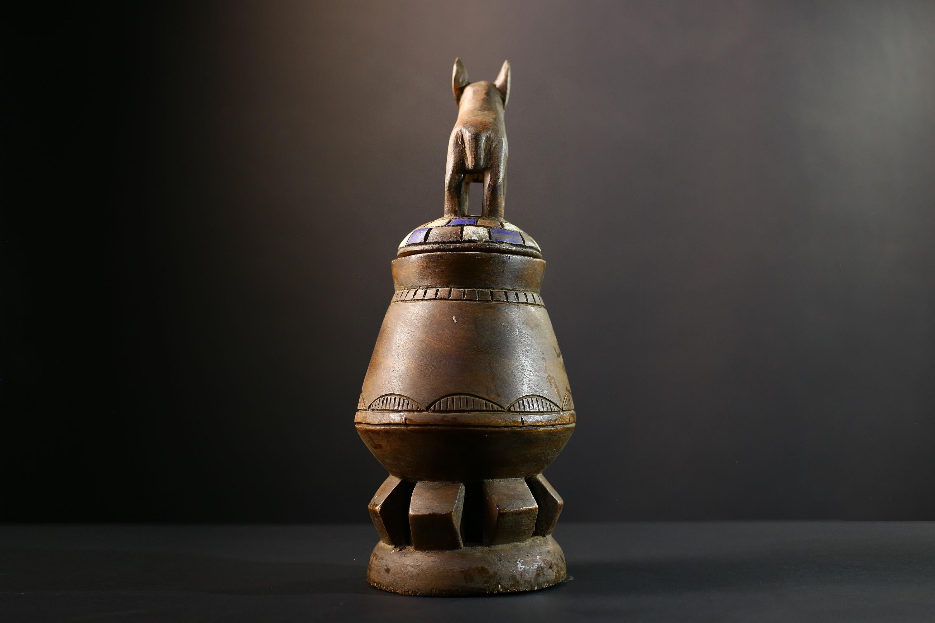 Africa Yoruba ceremonial vessel, carved altar jar with figure and heads, tribal ritual container, vintage ethnic wood shrine sculpture-G5345