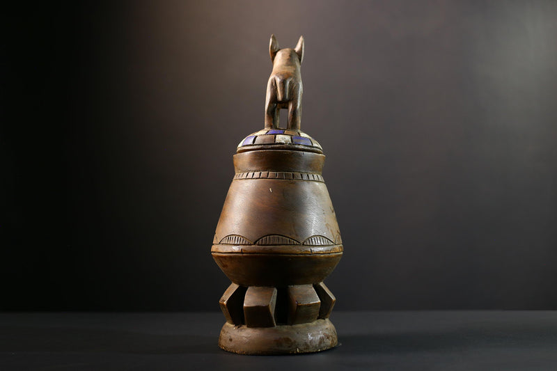 Africa Yoruba ceremonial vessel, carved altar jar with figure and heads, tribal ritual container, vintage ethnic wood shrine sculpture-G5345