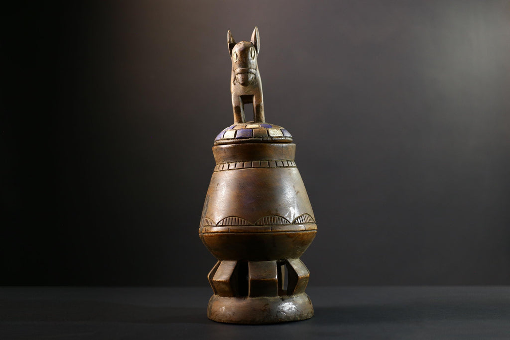 Africa Yoruba ceremonial vessel, carved altar jar with figure and heads, tribal ritual container, vintage ethnic wood shrine sculpture-G5345