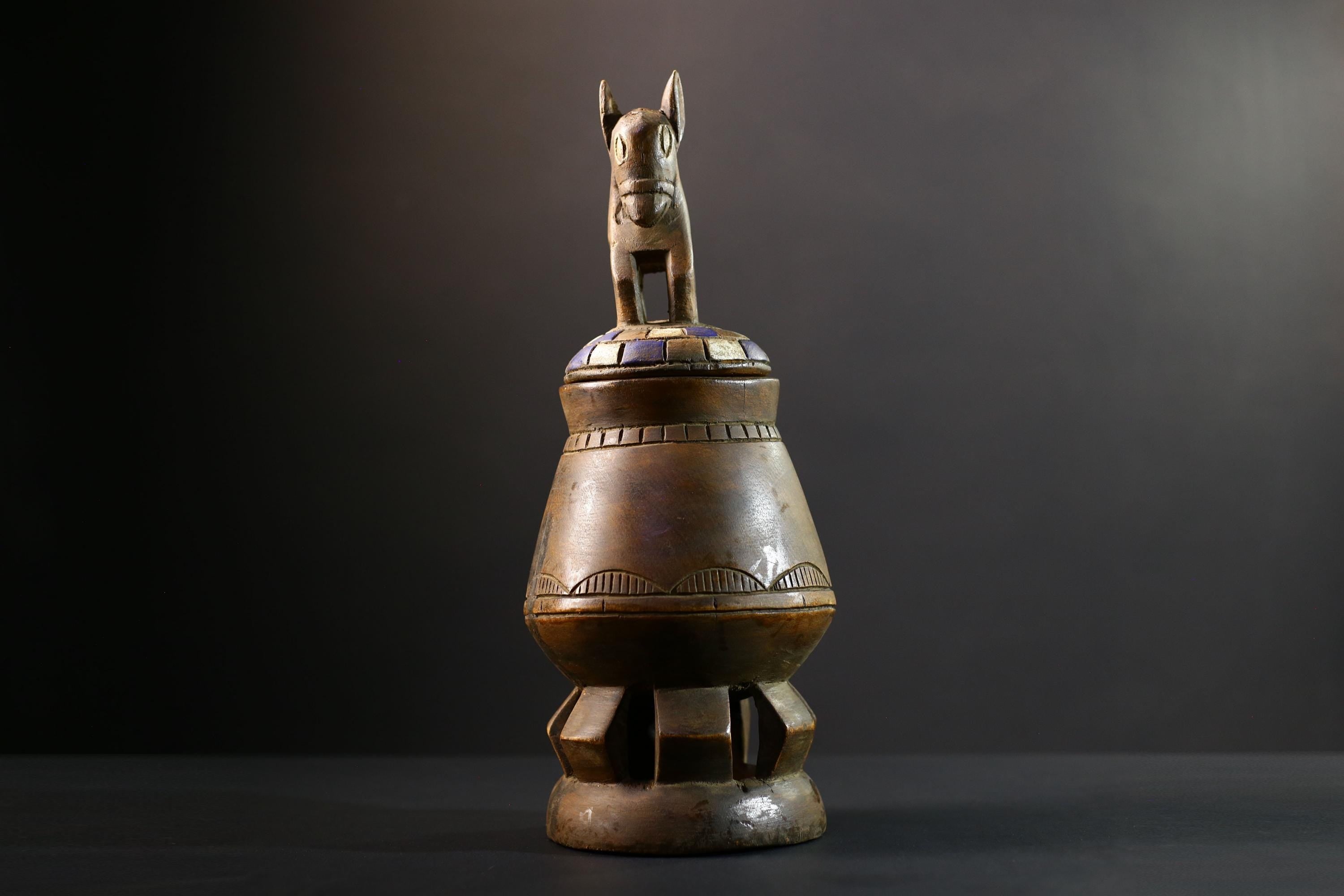 Africa Yoruba ceremonial vessel, carved altar jar with figure and heads, tribal ritual container, vintage ethnic wood shrine sculpture-G5345